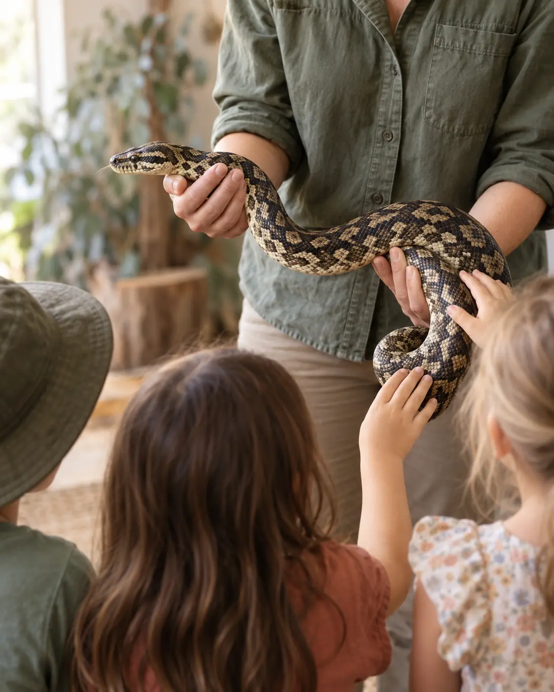 Wildlife educator safely holding a carpet python as children observe and gently interact.