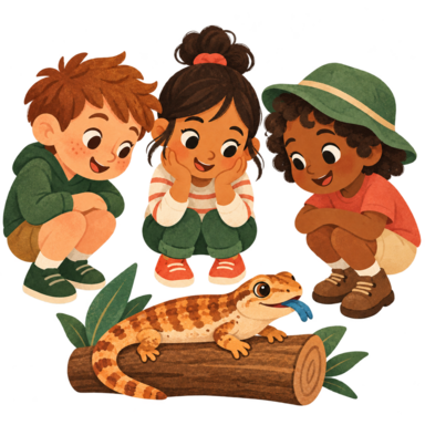 Three children crouching and looking with interest at a blue-tongue lizard on a log