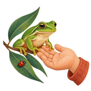 Green tree frog beside a child's open hand