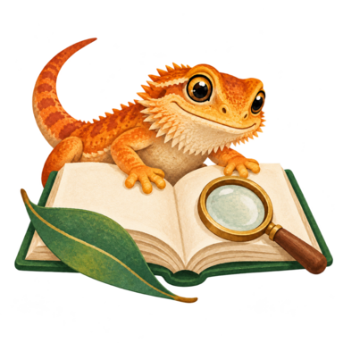 Bearded dragon exploring an open book with a magnifying glass