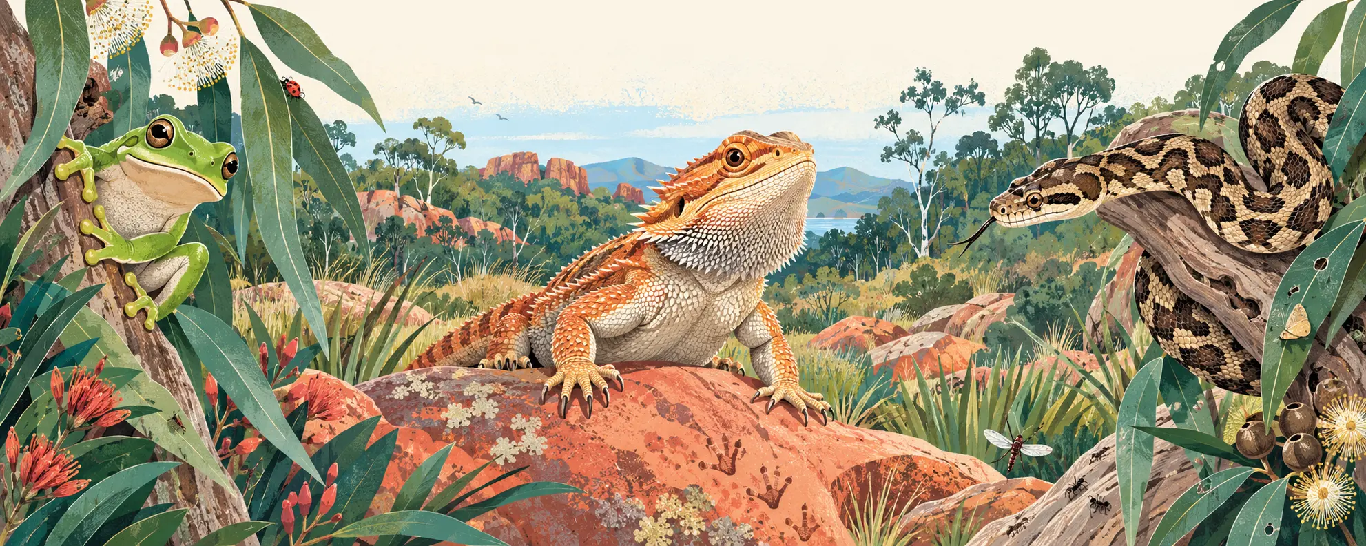 Green tree frog, bearded dragon and carpet python in a natural Australian bushland setting.